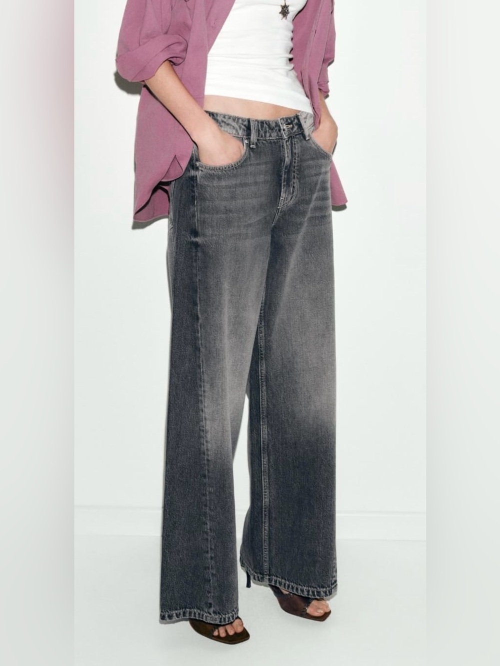Zara Mid Rise Wide Leg Jeans Washed Charcoal Black Size 8 / EUR 40 NWT
